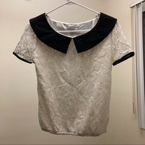 Cute Collared Short Sleeve Lace Shirt